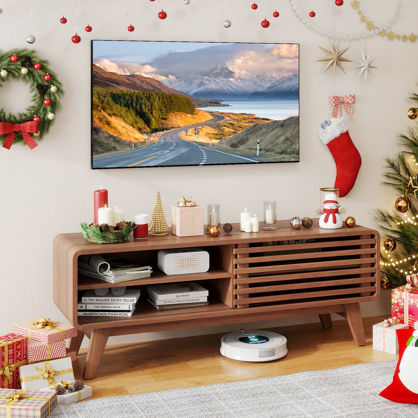 TV Stand for TVs up to 55" with Sliding Door and Adjustable Shelves for Living Room, Walnut Entertainment Centers & TV Stands at Gallery Canada
