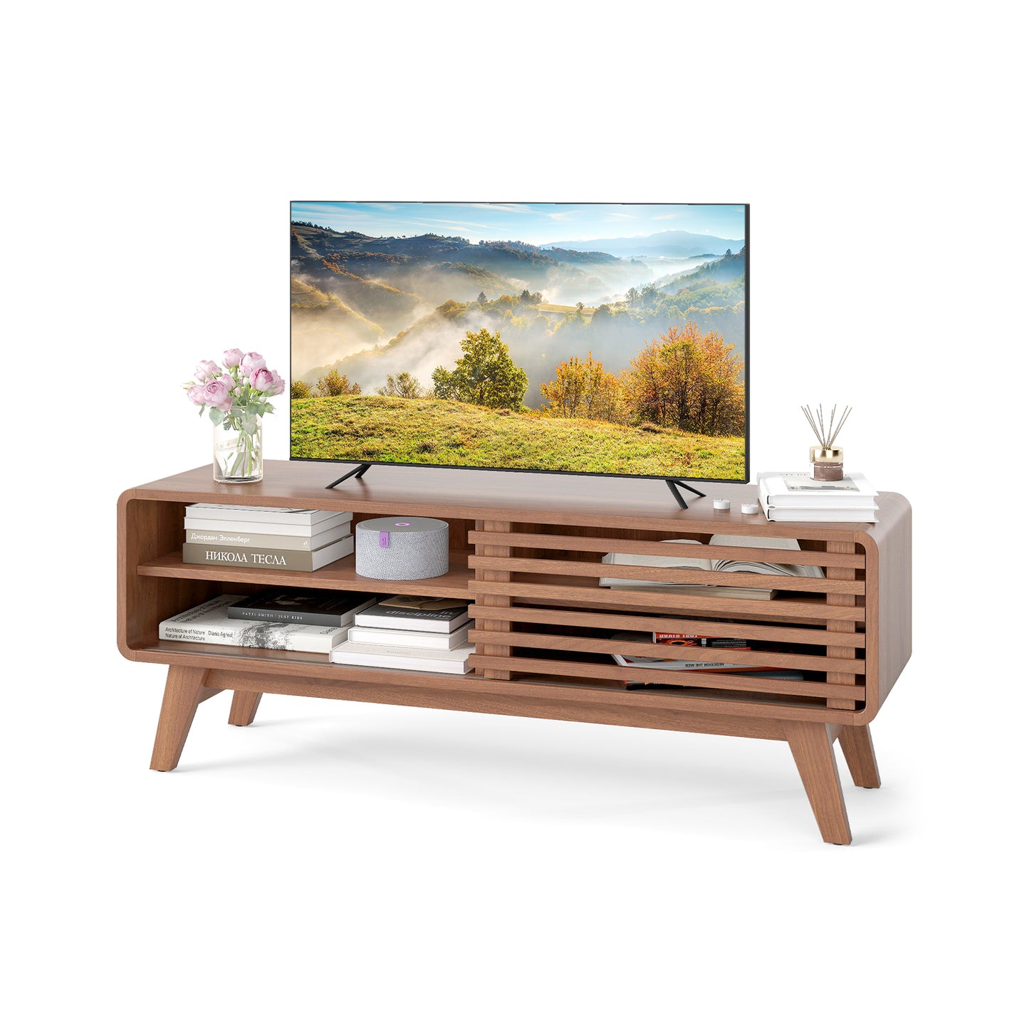 TV Stand for TVs up to 55" with Sliding Door and Adjustable Shelves for Living Room, Walnut Entertainment Centers & TV Stands at Gallery Canada