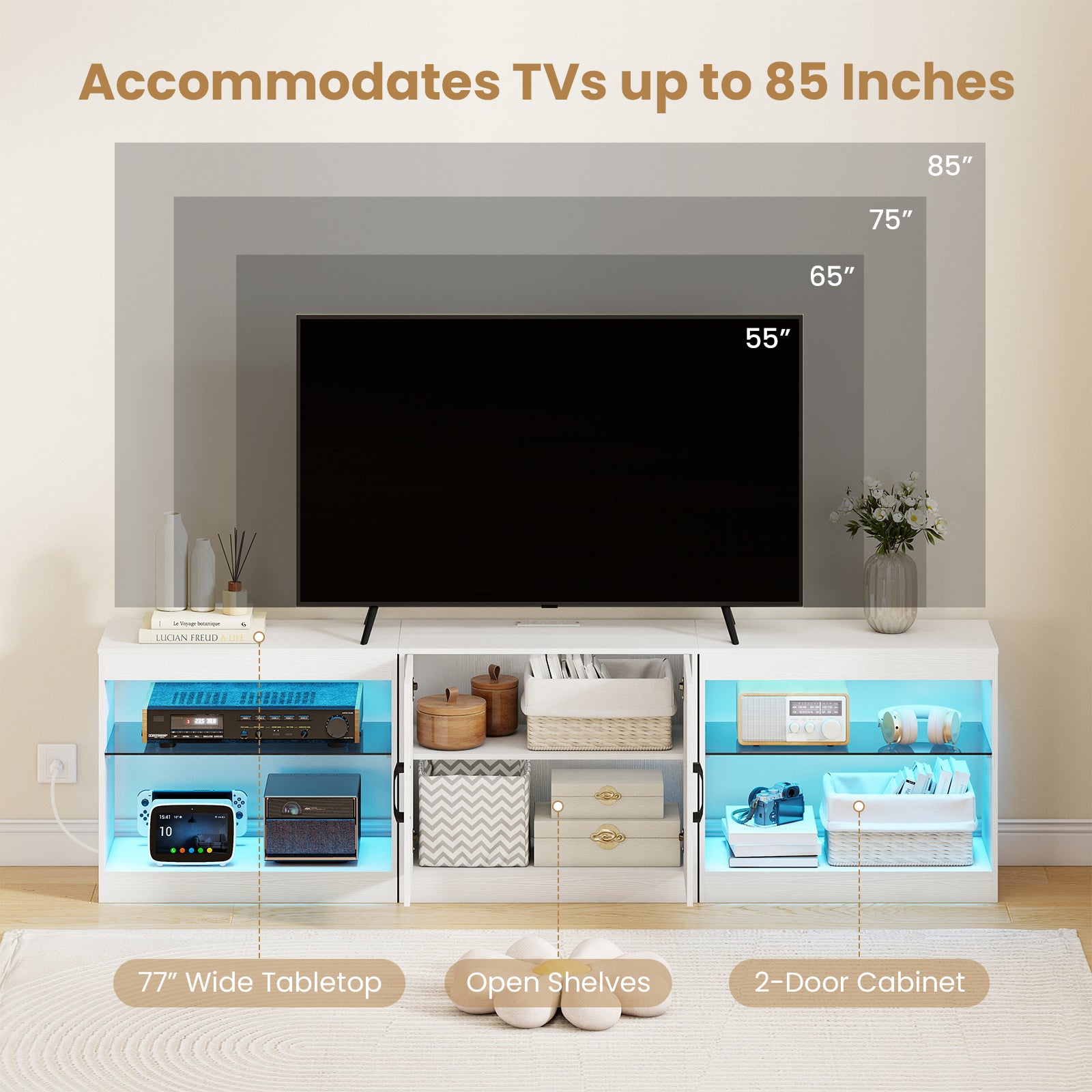 TV Stand for TVs up to 85 Inches LED Entertainment Center with Power Outlets, White Entertainment Centers & TV Stands at Gallery Canada