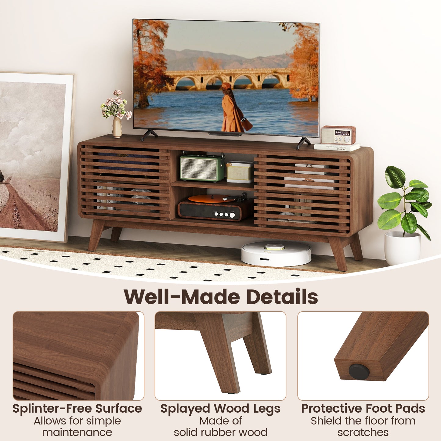 TV Stand for TVs up to 65" with Sliding Doors and Adjustable Shelves for Living Room, Walnut Entertainment Centers & TV Stands at Gallery Canada