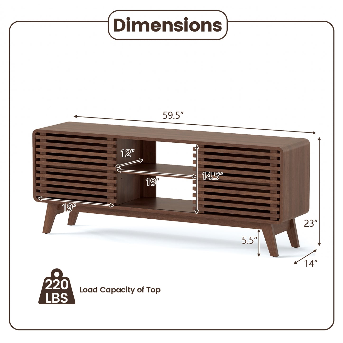 TV Stand for TVs up to 65" with Sliding Doors and Adjustable Shelves for Living Room, Walnut Entertainment Centers & TV Stands at Gallery Canada