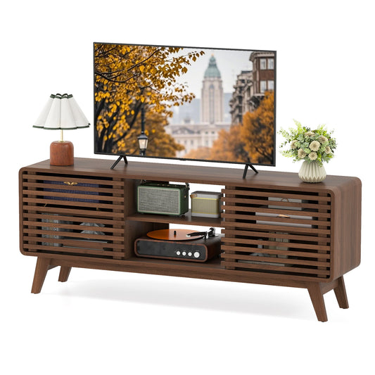 TV Stand for TVs up to 65" with Sliding Doors and Adjustable Shelves for Living Room, Walnut Entertainment Centers & TV Stands Walnut at Gallery Canada