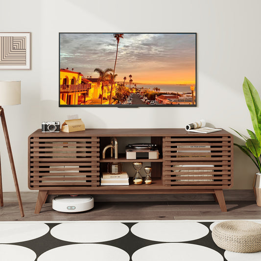 TV Stand for TVs up to 65" with Sliding Doors and Adjustable Shelves for Living Room, Walnut Entertainment Centers & TV Stands Walnut at Gallery Canada