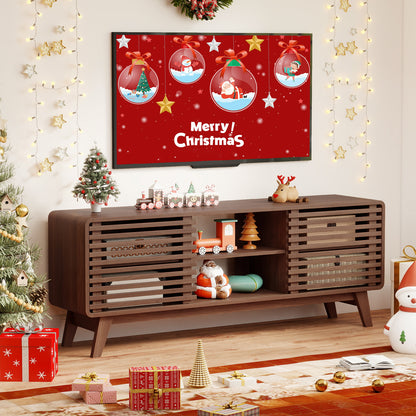 TV Stand for TVs up to 65" with Sliding Doors and Adjustable Shelves for Living Room, Walnut Entertainment Centers & TV Stands at Gallery Canada