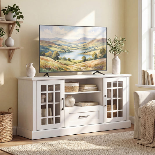TV Stand For 70 Inch TVs, Glass Doors, Cubbies, Drawer, White Entertainment Centers & TV Stands White at Gallery Canada
