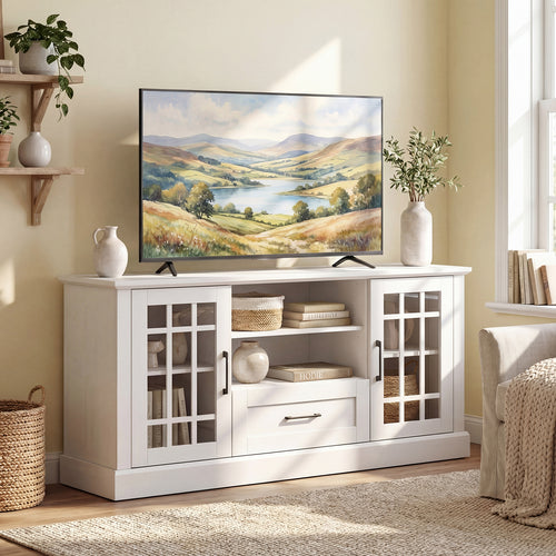 TV Stand For 70 Inch TVs, Glass Doors, Cubbies, Drawer, White