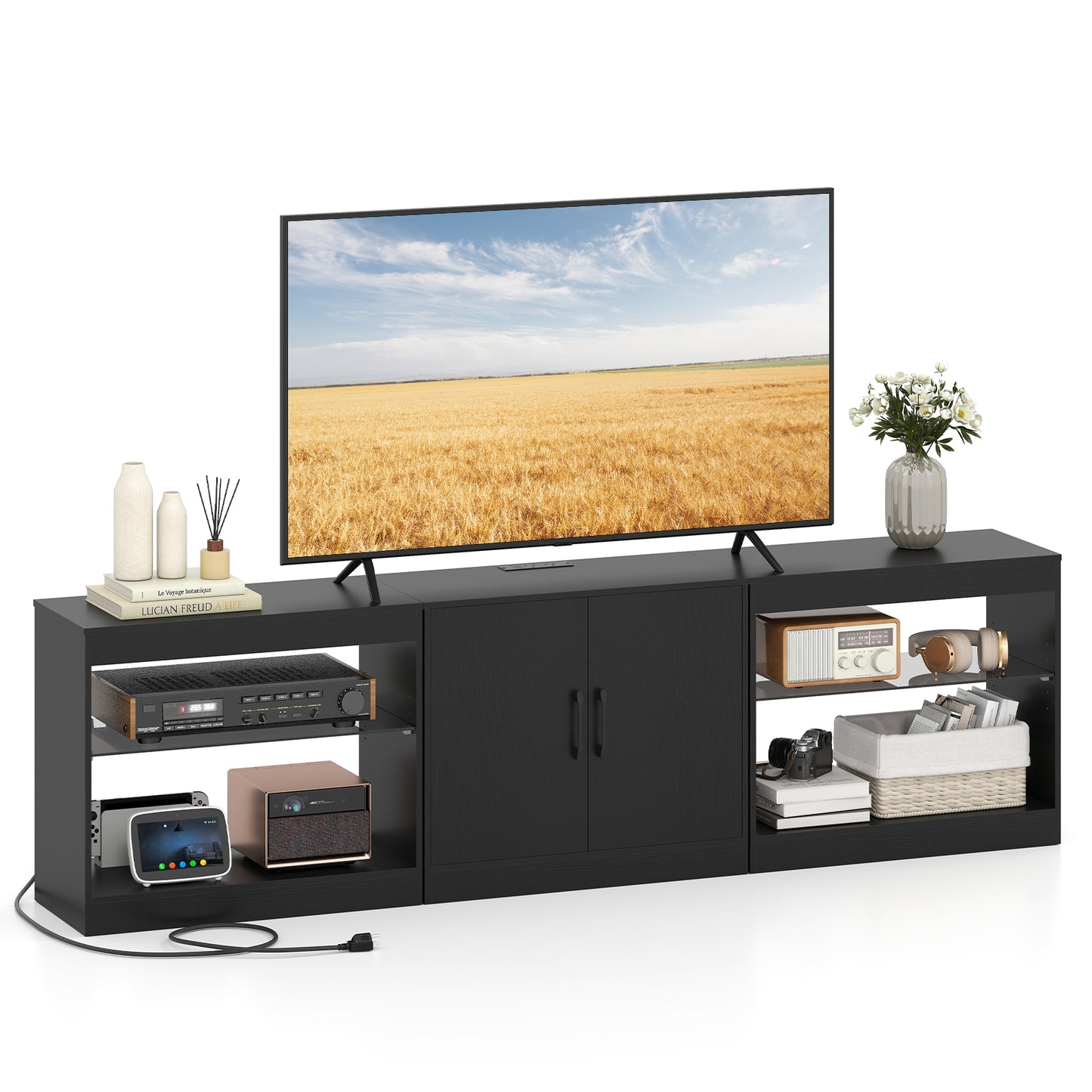 TV Stand for TVs up to 85 Inches LED Entertainment Center with Power Outlets, Black Entertainment Centers & TV Stands Black at Gallery Canada