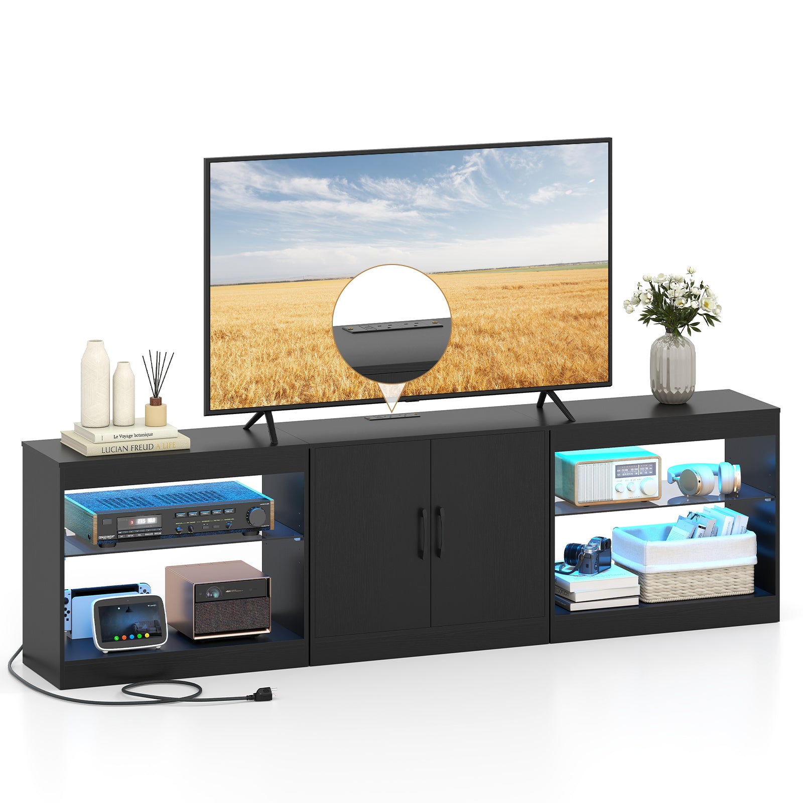 TV Stand for TVs up to 85 Inches LED Entertainment Center with Power Outlets, Black Entertainment Centers & TV Stands at Gallery Canada