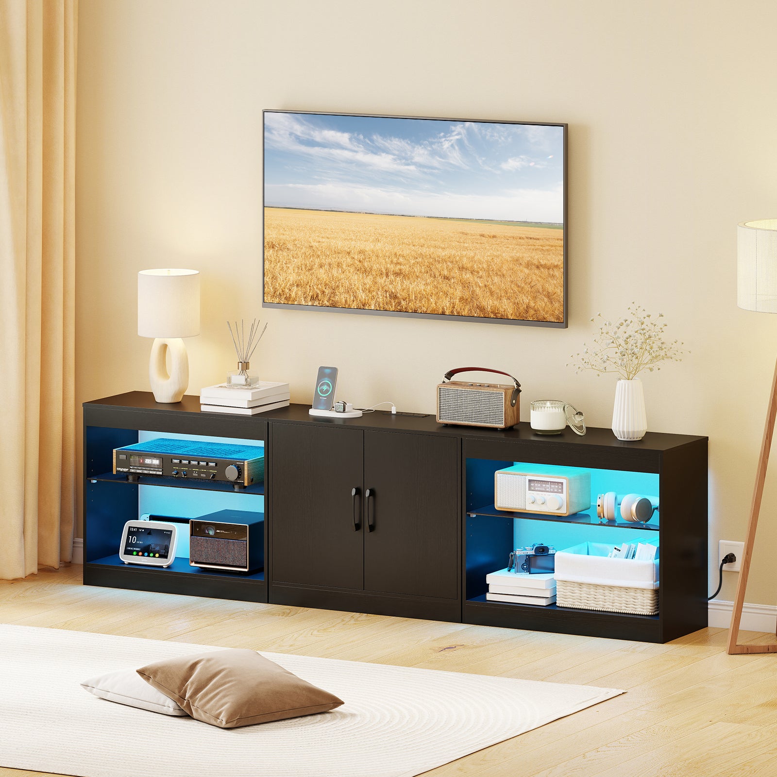 TV Stand for TVs up to 85 Inches LED Entertainment Center with Power Outlets, Black Entertainment Centers & TV Stands at Gallery Canada