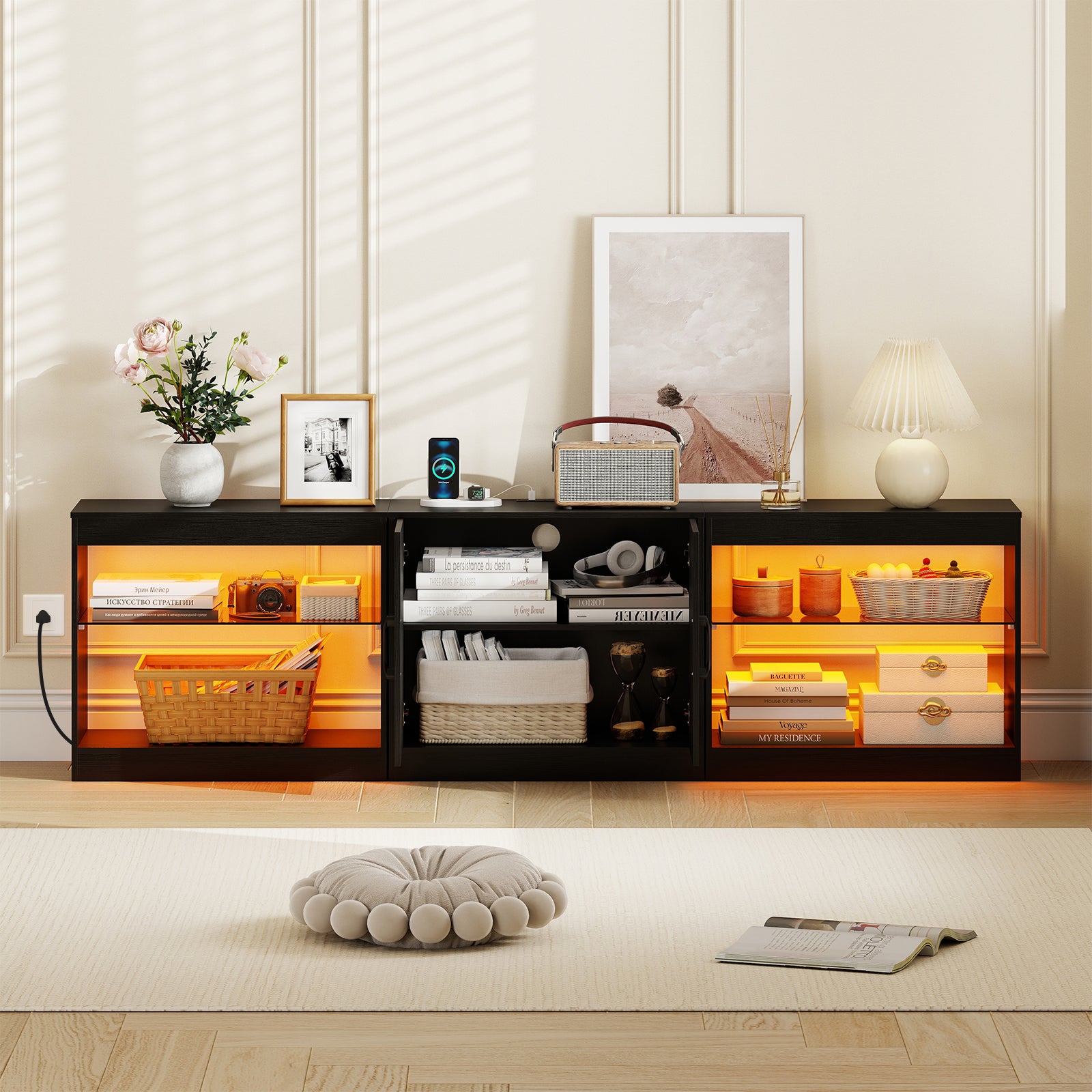 TV Stand for TVs up to 85 Inches LED Entertainment Center with Power Outlets, Black Entertainment Centers & TV Stands at Gallery Canada