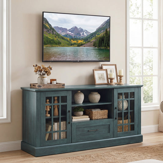 TV Stand for TVs up to 70 with Glass Doors Cubbies and Drawer, Green Entertainment Centers & TV Stands Green at Gallery Canada