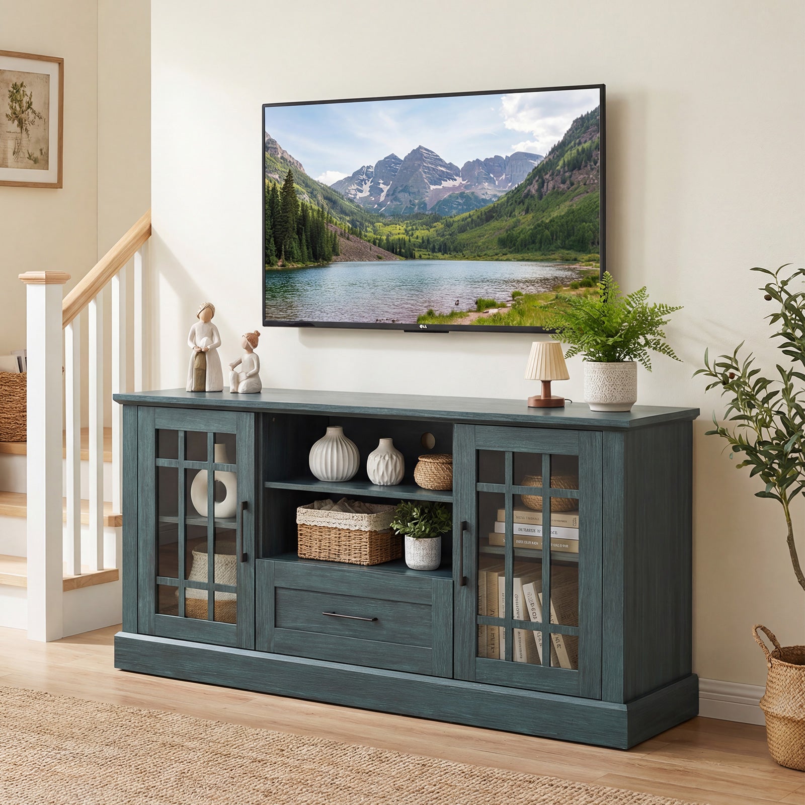 TV Stand for TVs up to 70 with Glass Doors Cubbies and Drawer, Green Entertainment Centers & TV Stands at Gallery Canada
