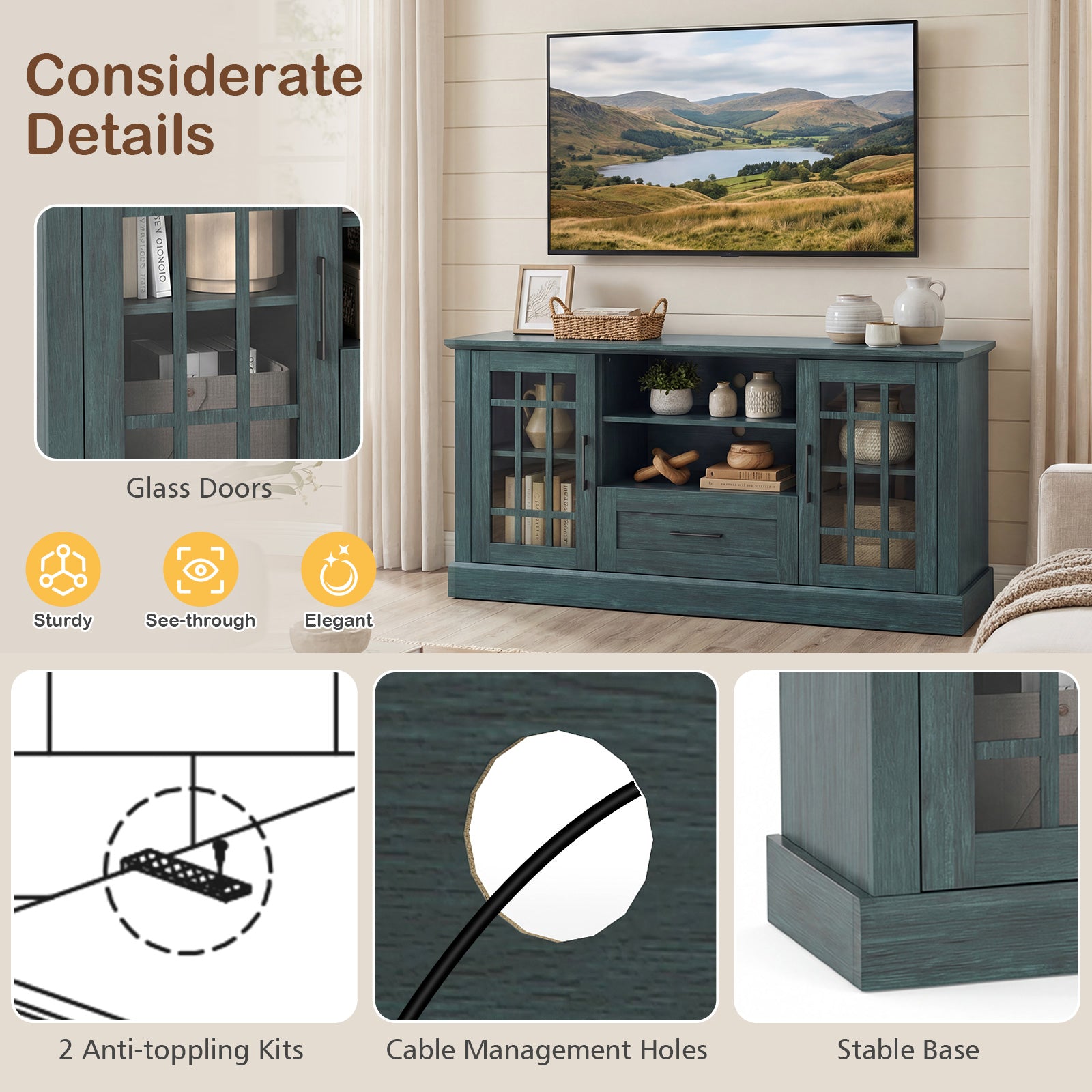 TV Stand for TVs up to 70 with Glass Doors Cubbies and Drawer, Green Entertainment Centers & TV Stands at Gallery Canada