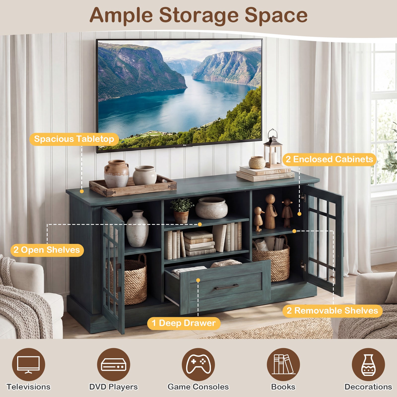 TV Stand for TVs up to 70 with Glass Doors Cubbies and Drawer, Green Entertainment Centers & TV Stands at Gallery Canada