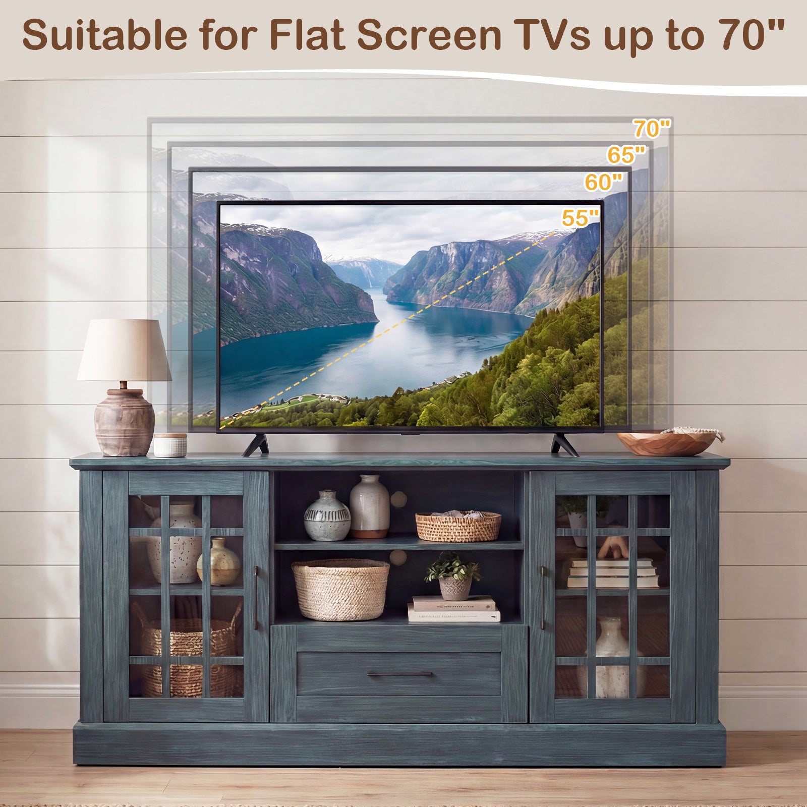 TV Stand for TVs up to 70 with Glass Doors Cubbies and Drawer, Green Entertainment Centers & TV Stands at Gallery Canada