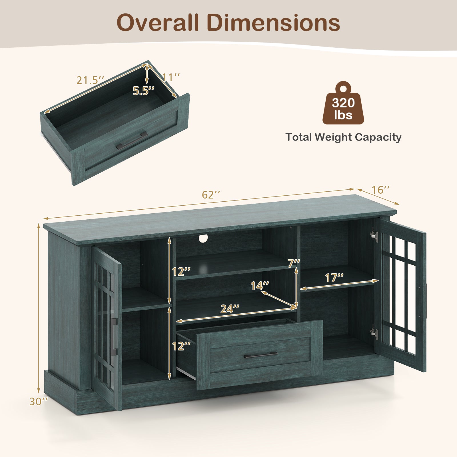 TV Stand for TVs up to 70 with Glass Doors Cubbies and Drawer, Green Entertainment Centers & TV Stands at Gallery Canada