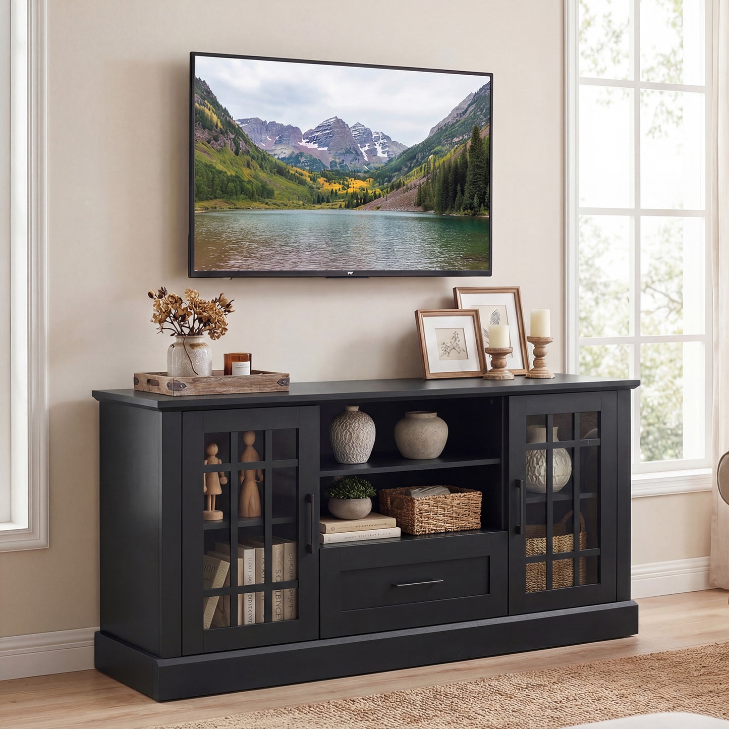 TV Stand For 70 Inch TVs, Glass Doors, Cubbies, Drawer, Black Entertainment Centers & TV Stands at Gallery Canada