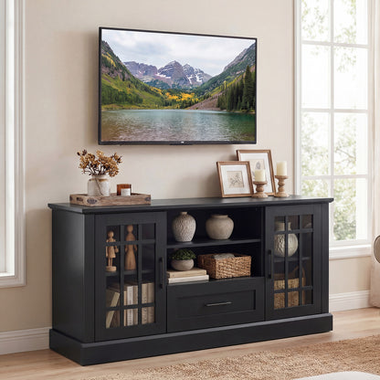 TV Stand For 70 Inch TVs, Glass Doors, Cubbies, Drawer, Black Entertainment Centers & TV Stands at Gallery Canada