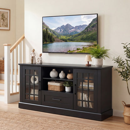 TV Stand For 70 Inch TVs, Glass Doors, Cubbies, Drawer, Black Entertainment Centers & TV Stands at Gallery Canada