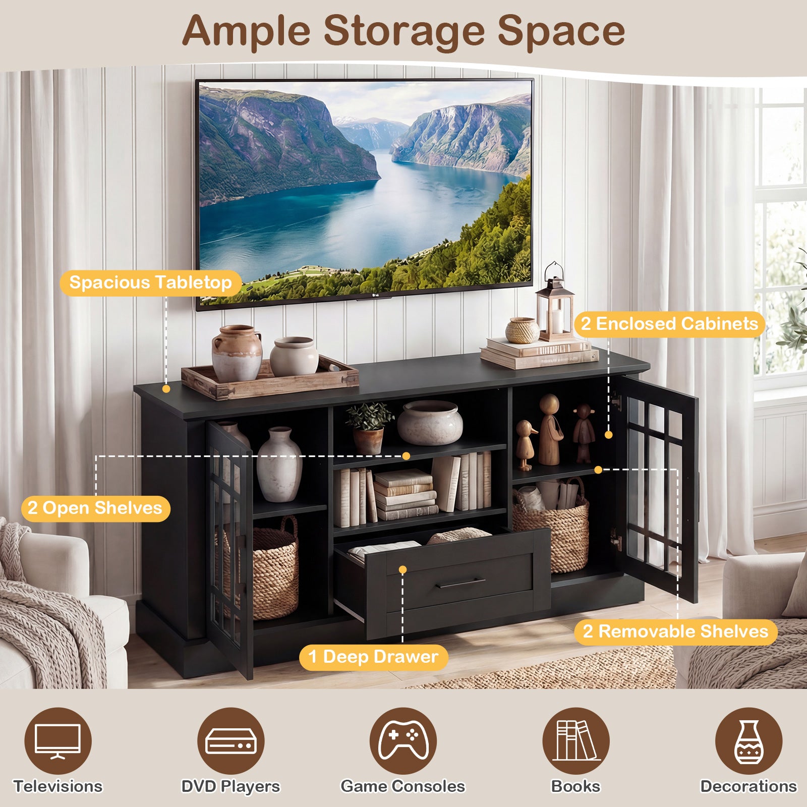 TV Stand For 70 Inch TVs, Glass Doors, Cubbies, Drawer, Black Entertainment Centers & TV Stands at Gallery Canada