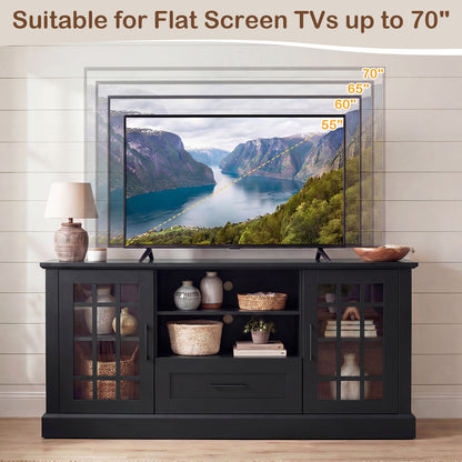 TV Stand For 70 Inch TVs, Glass Doors, Cubbies, Drawer, Black Entertainment Centers & TV Stands at Gallery Canada