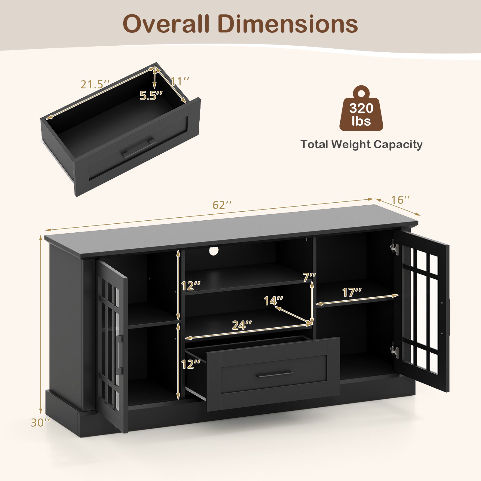 TV Stand For 70 Inch TVs, Glass Doors, Cubbies, Drawer, Black Entertainment Centers & TV Stands at Gallery Canada