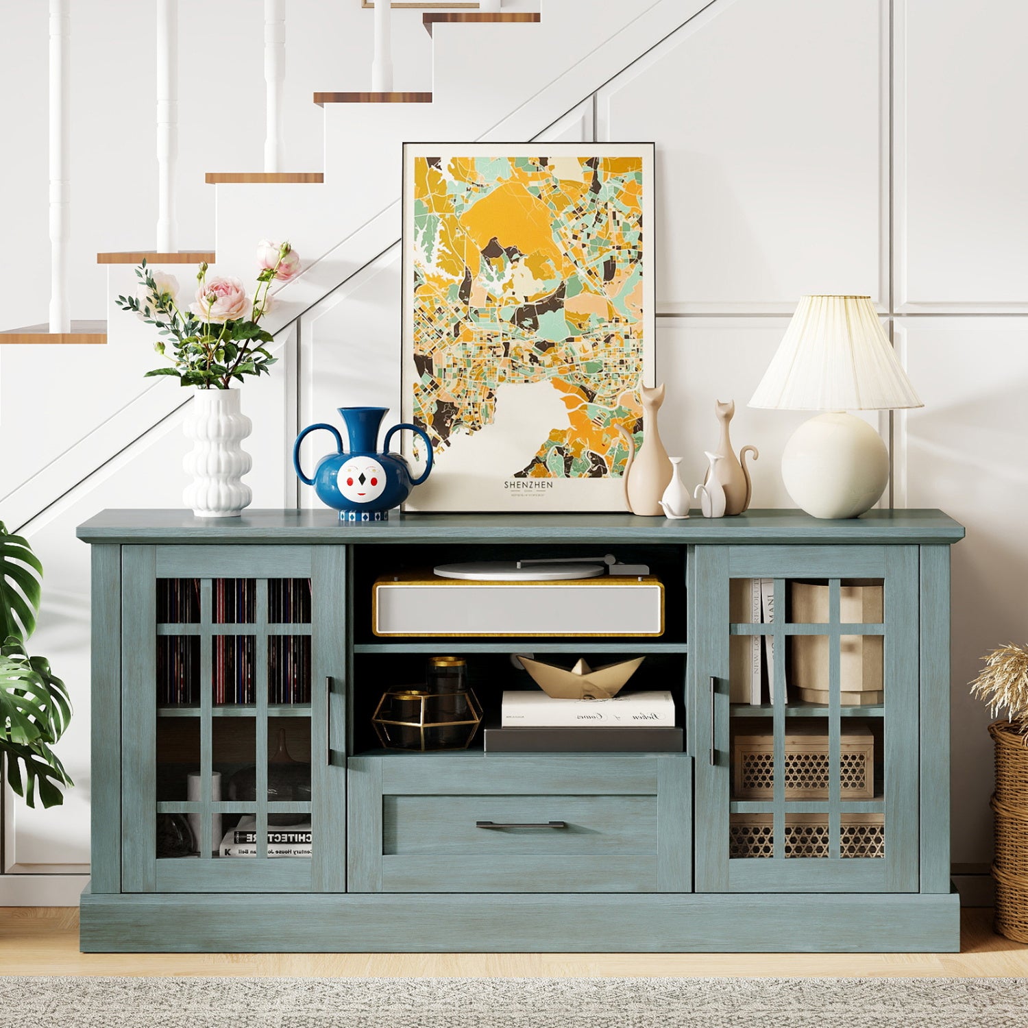 TV Stand for TVs up to 70 with Glass Doors Cubbies and Drawer, Green Entertainment Centers & TV Stands at Gallery Canada