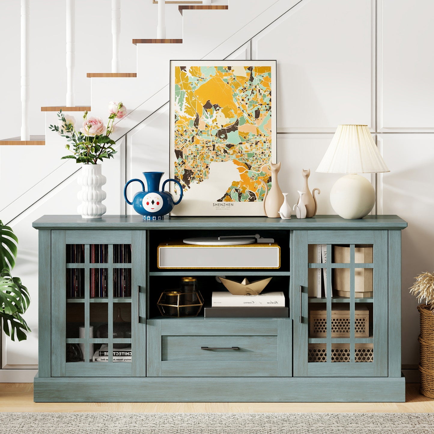 TV Stand for TVs up to 70 with Glass Doors Cubbies and Drawer, Green Entertainment Centers & TV Stands at Gallery Canada