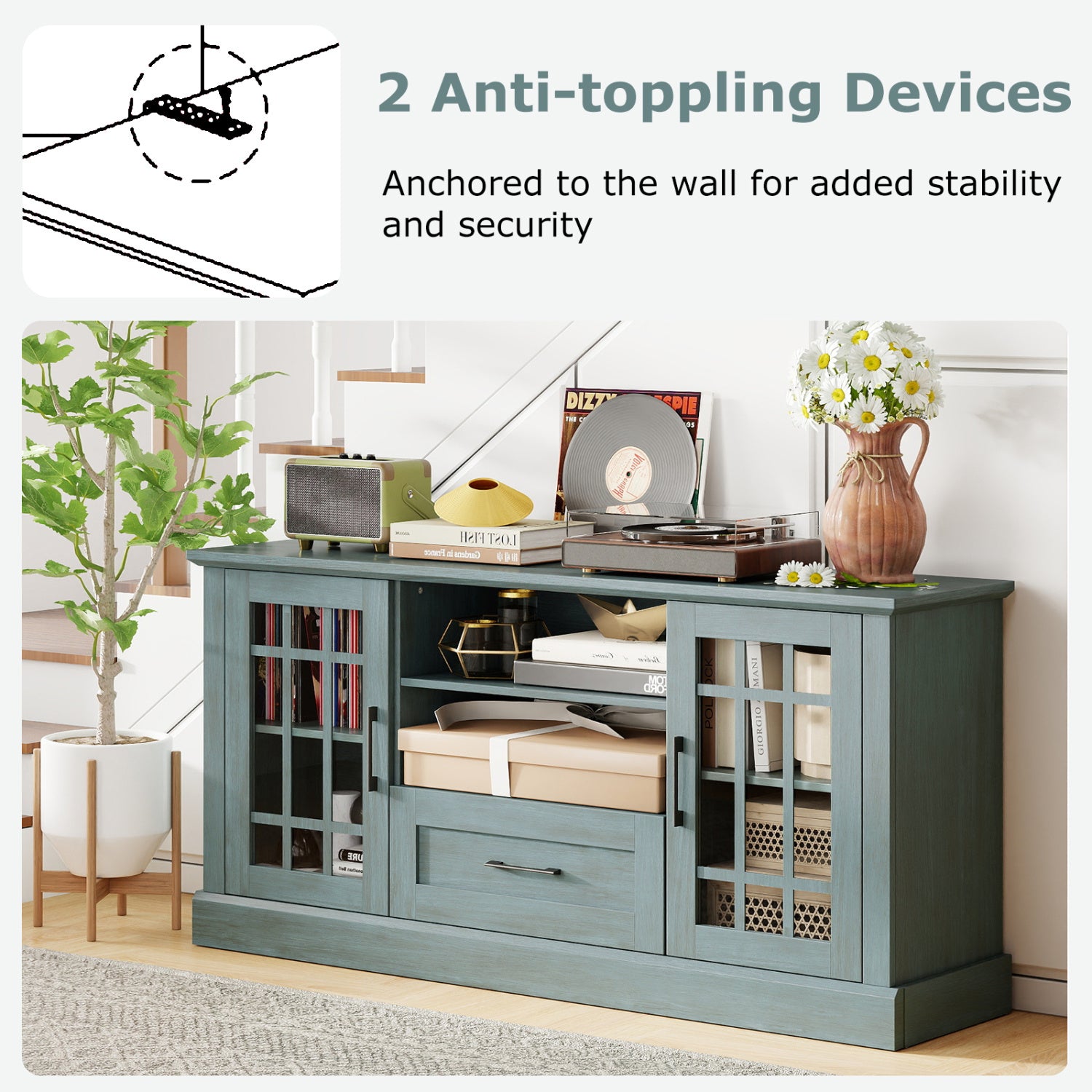 TV Stand for TVs up to 70 with Glass Doors Cubbies and Drawer, Green Entertainment Centers & TV Stands at Gallery Canada