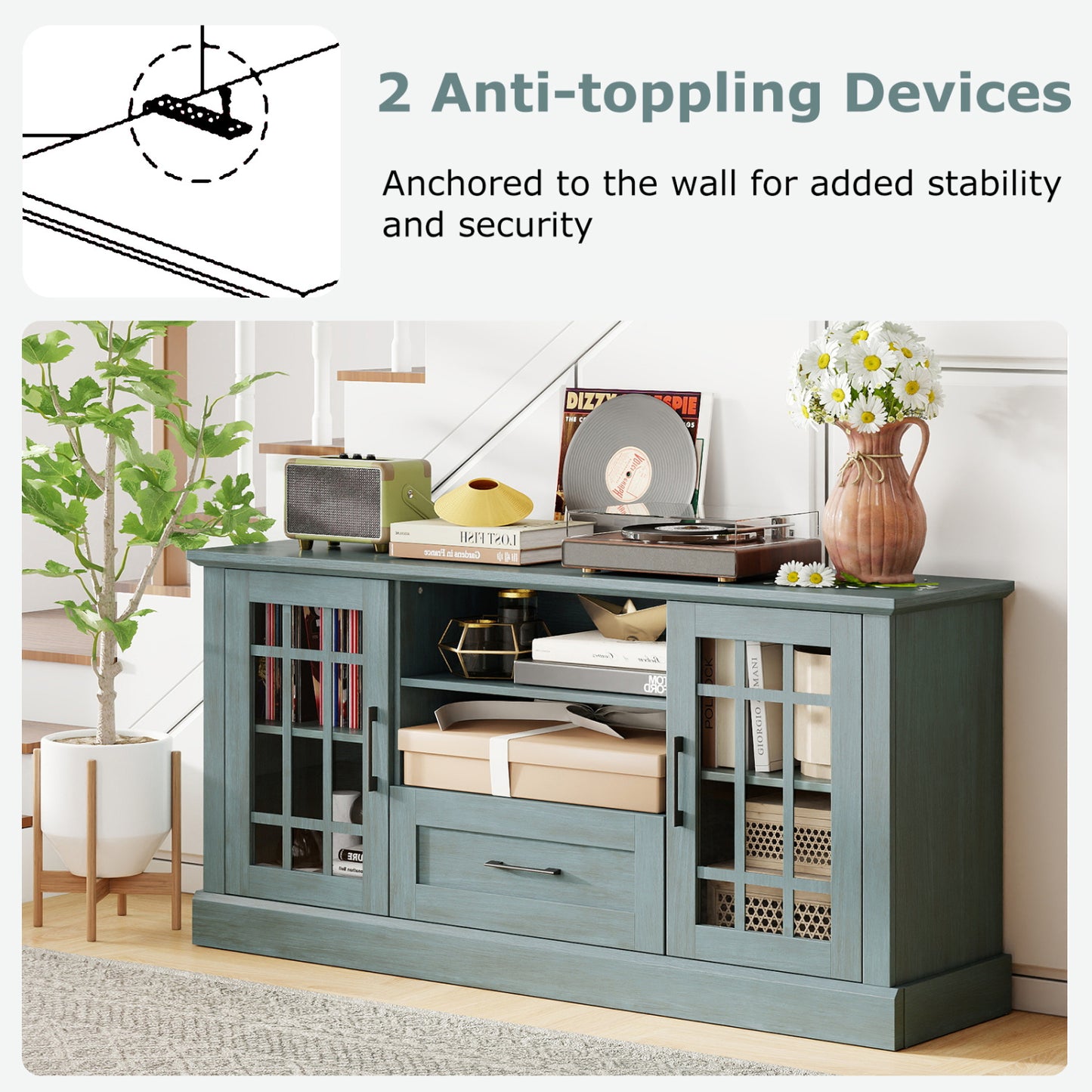 TV Stand for TVs up to 70 with Glass Doors Cubbies and Drawer, Green Entertainment Centers & TV Stands at Gallery Canada