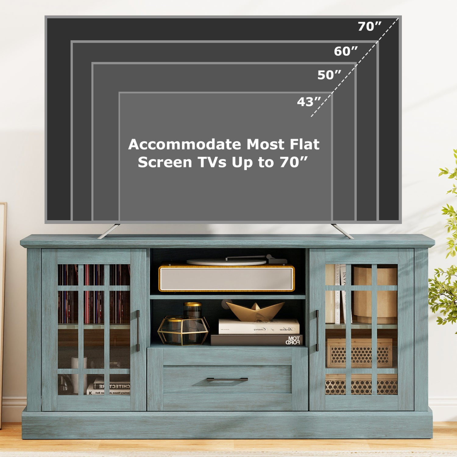 TV Stand for TVs up to 70 with Glass Doors Cubbies and Drawer, Green Entertainment Centers & TV Stands at Gallery Canada