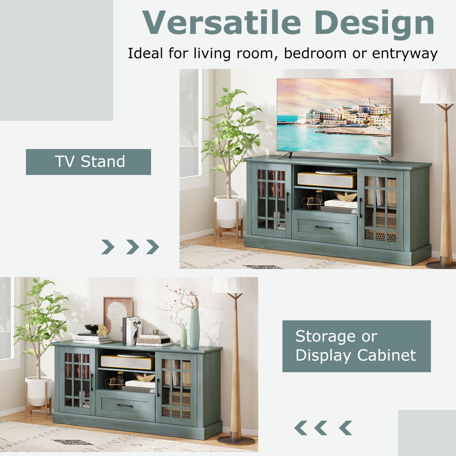 TV Stand for TVs up to 70 with Glass Doors Cubbies and Drawer, Green Entertainment Centers & TV Stands at Gallery Canada