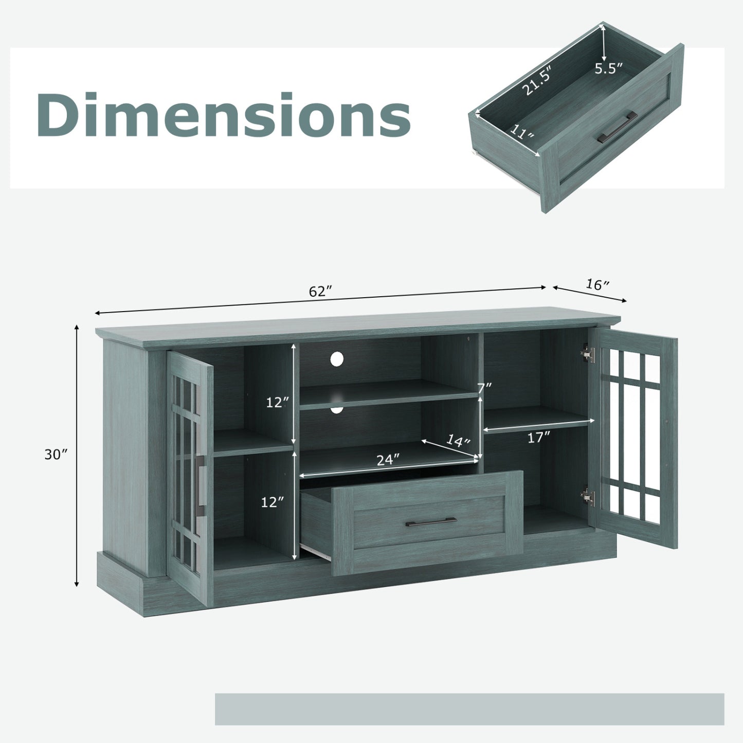 TV Stand for TVs up to 70 with Glass Doors Cubbies and Drawer, Green Entertainment Centers & TV Stands at Gallery Canada