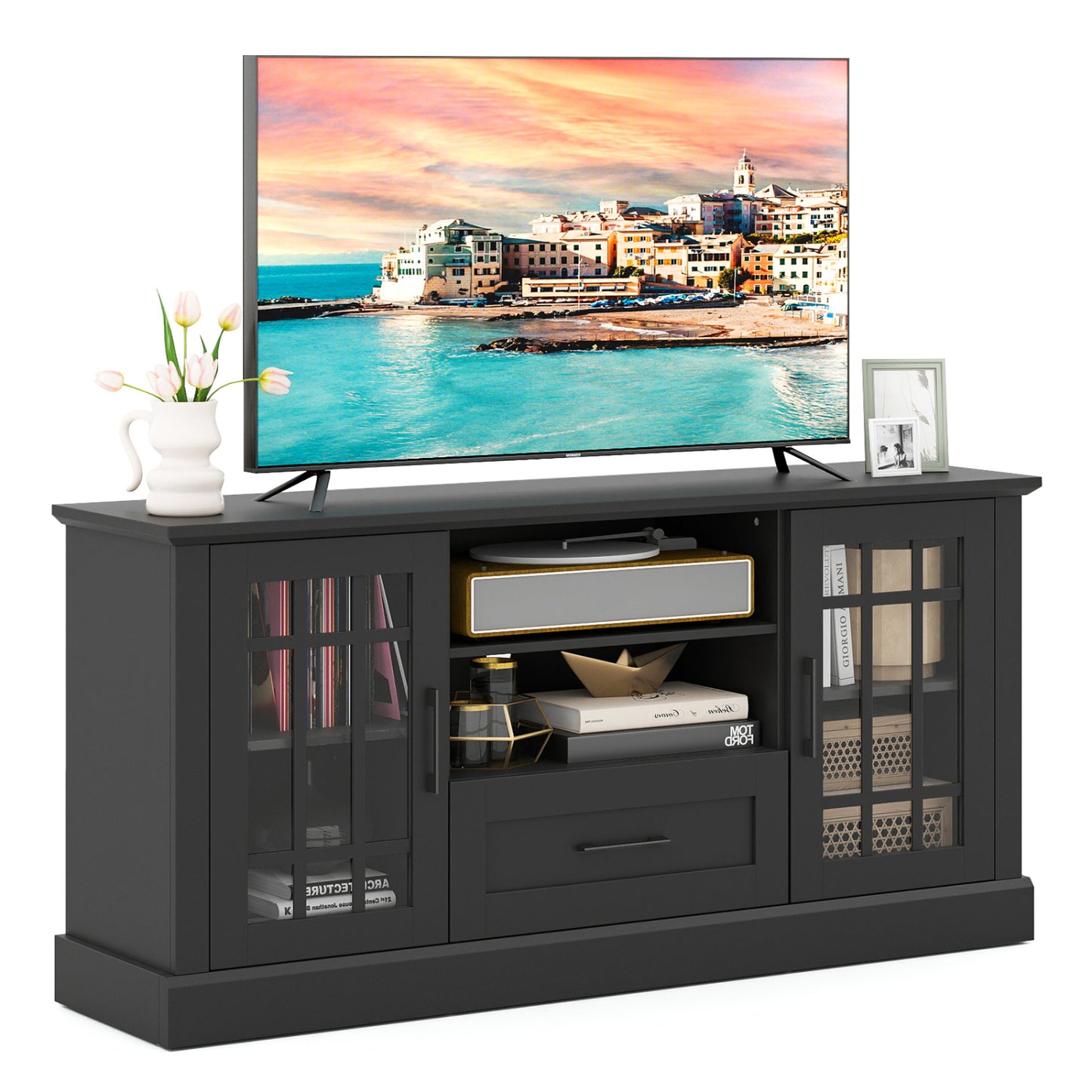 TV Stand For 70 Inch TVs, Glass Doors, Cubbies, Drawer, Black Entertainment Centers & TV Stands at Gallery Canada