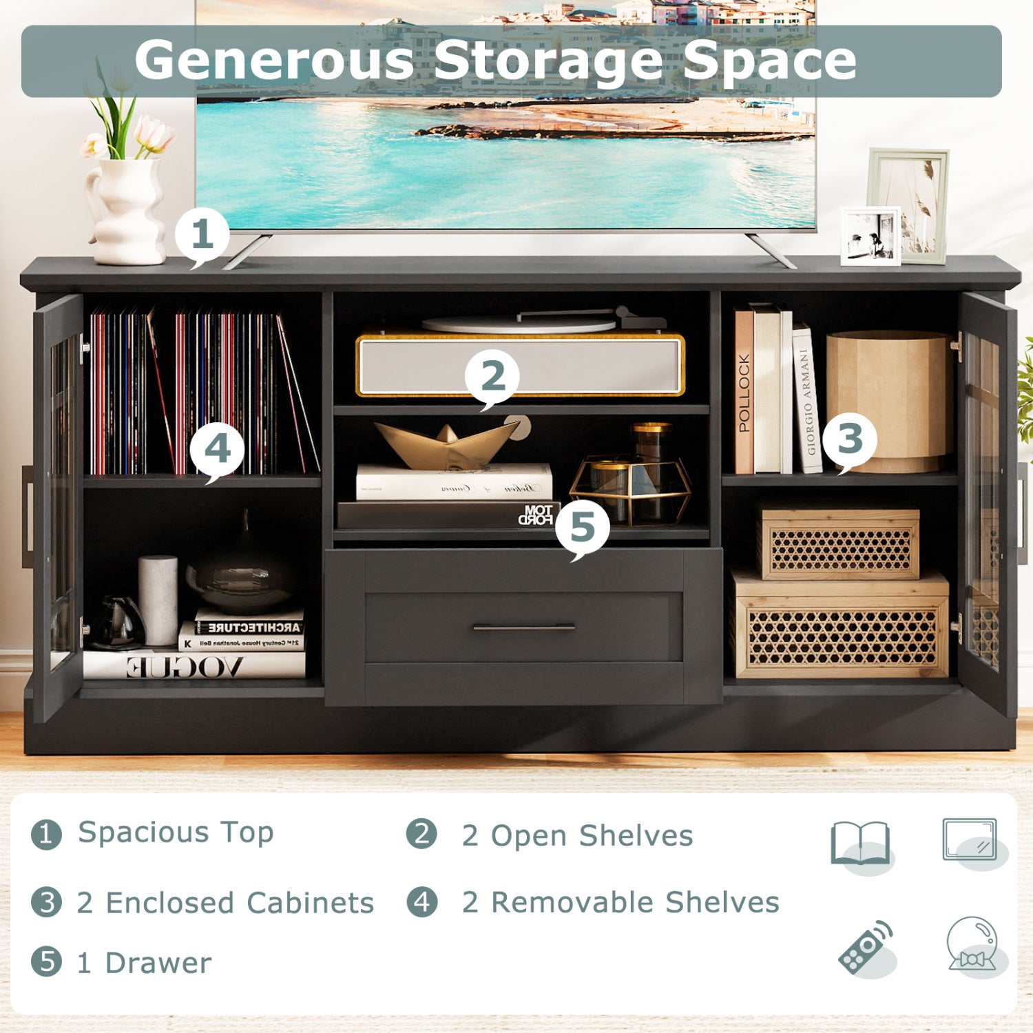 TV Stand For 70 Inch TVs, Glass Doors, Cubbies, Drawer, Black Entertainment Centers & TV Stands at Gallery Canada