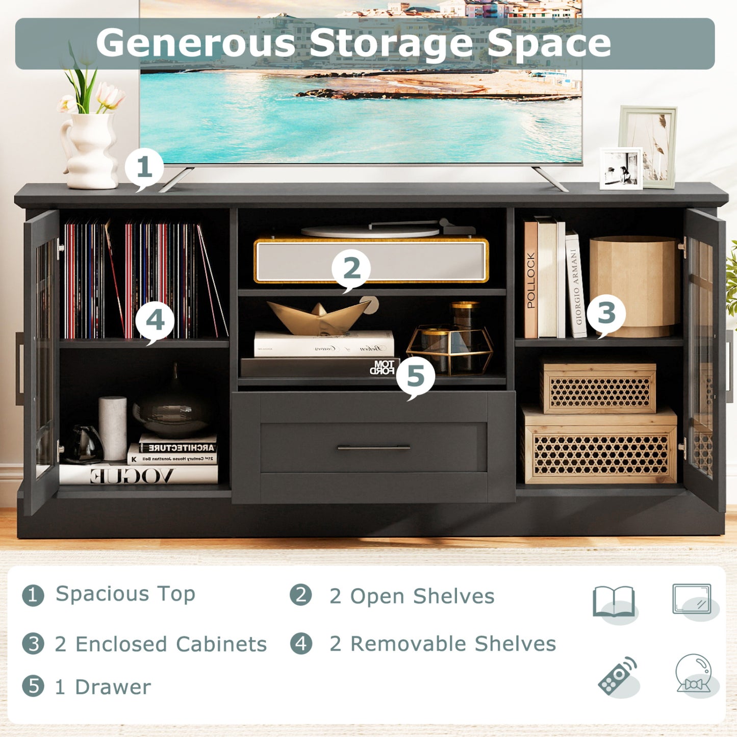 TV Stand For 70 Inch TVs, Glass Doors, Cubbies, Drawer, Black Entertainment Centers & TV Stands at Gallery Canada