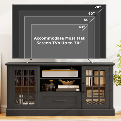 TV Stand For 70 Inch TVs, Glass Doors, Cubbies, Drawer, Black Entertainment Centers & TV Stands at Gallery Canada