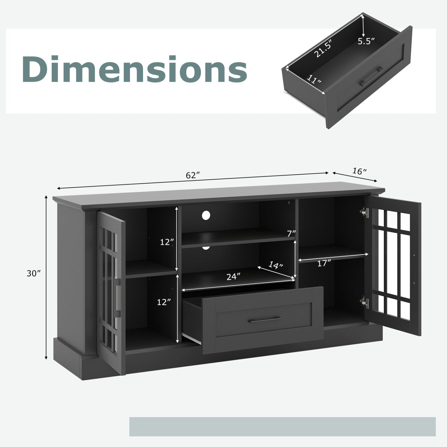 TV Stand For 70 Inch TVs, Glass Doors, Cubbies, Drawer, Black Entertainment Centers & TV Stands at Gallery Canada