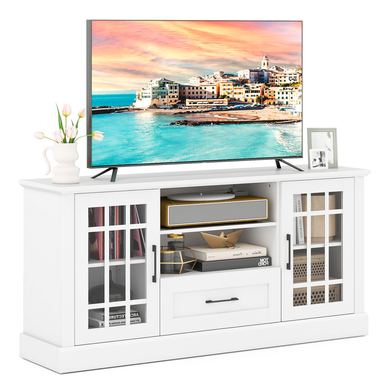 TV Stand For 70 Inch TVs, Glass Doors, Cubbies, Drawer, White Entertainment Centers & TV Stands at Gallery Canada