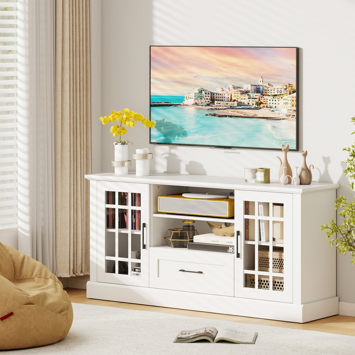 TV Stand For 70 Inch TVs, Glass Doors, Cubbies, Drawer, White Entertainment Centers & TV Stands at Gallery Canada