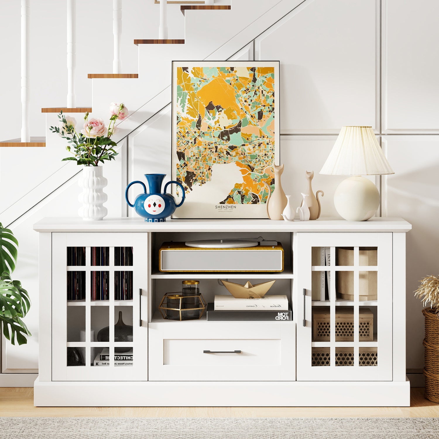 TV Stand For 70 Inch TVs, Glass Doors, Cubbies, Drawer, White Entertainment Centers & TV Stands at Gallery Canada