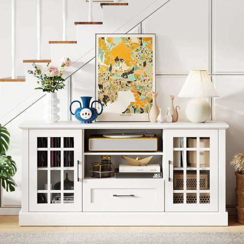 TV Stand For 70 Inch TVs, Glass Doors, Cubbies, Drawer, White
