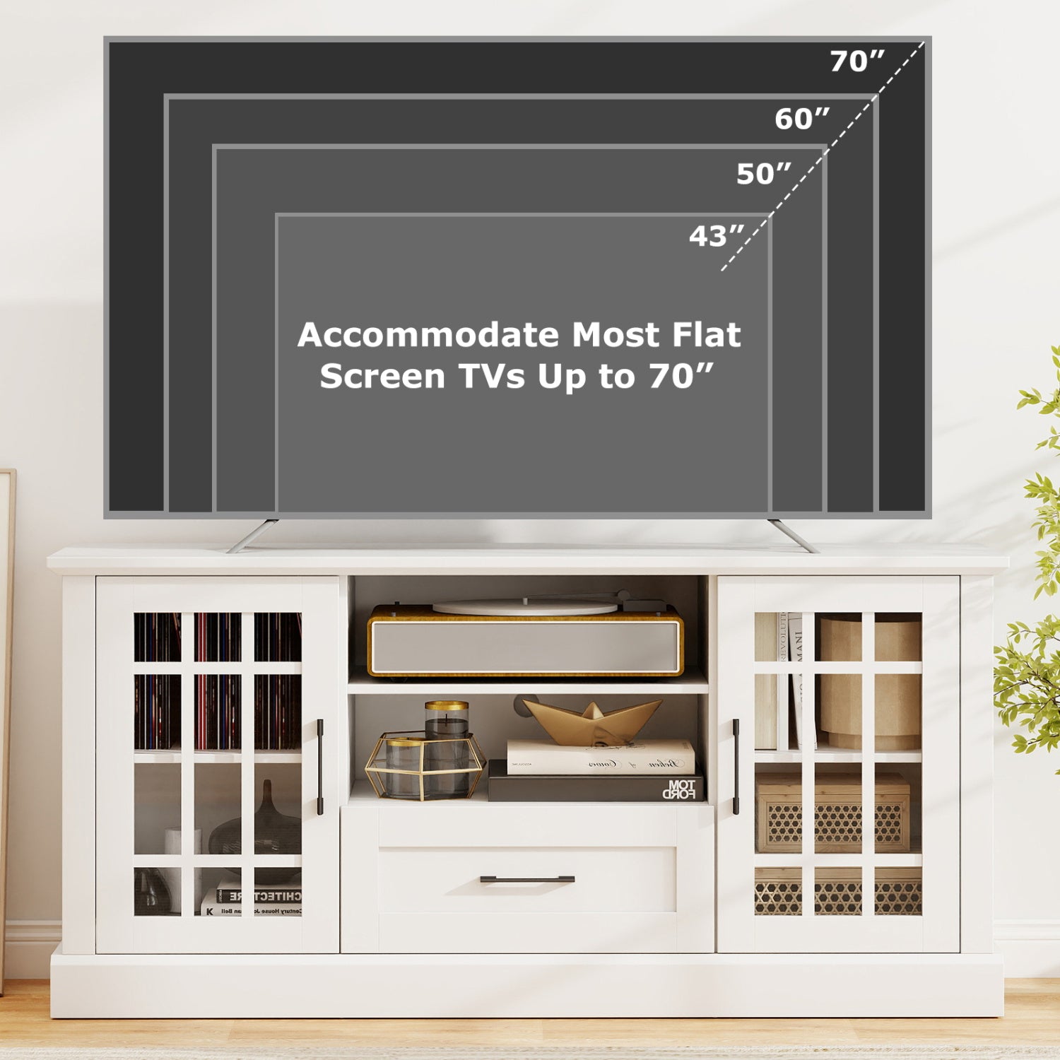TV Stand For 70 Inch TVs, Glass Doors, Cubbies, Drawer, White Entertainment Centers & TV Stands at Gallery Canada