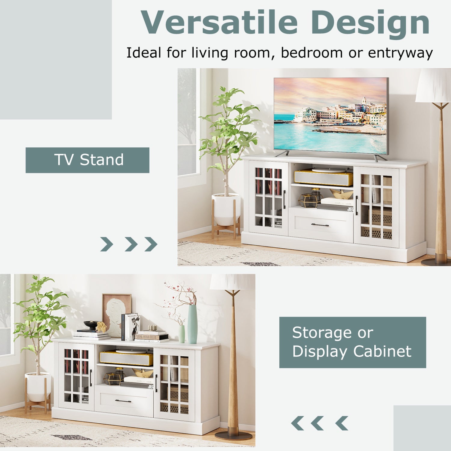 TV Stand For 70 Inch TVs, Glass Doors, Cubbies, Drawer, White Entertainment Centers & TV Stands at Gallery Canada