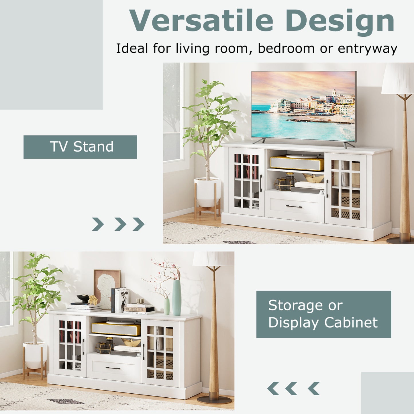 TV Stand For 70 Inch TVs, Glass Doors, Cubbies, Drawer, White Entertainment Centers & TV Stands at Gallery Canada