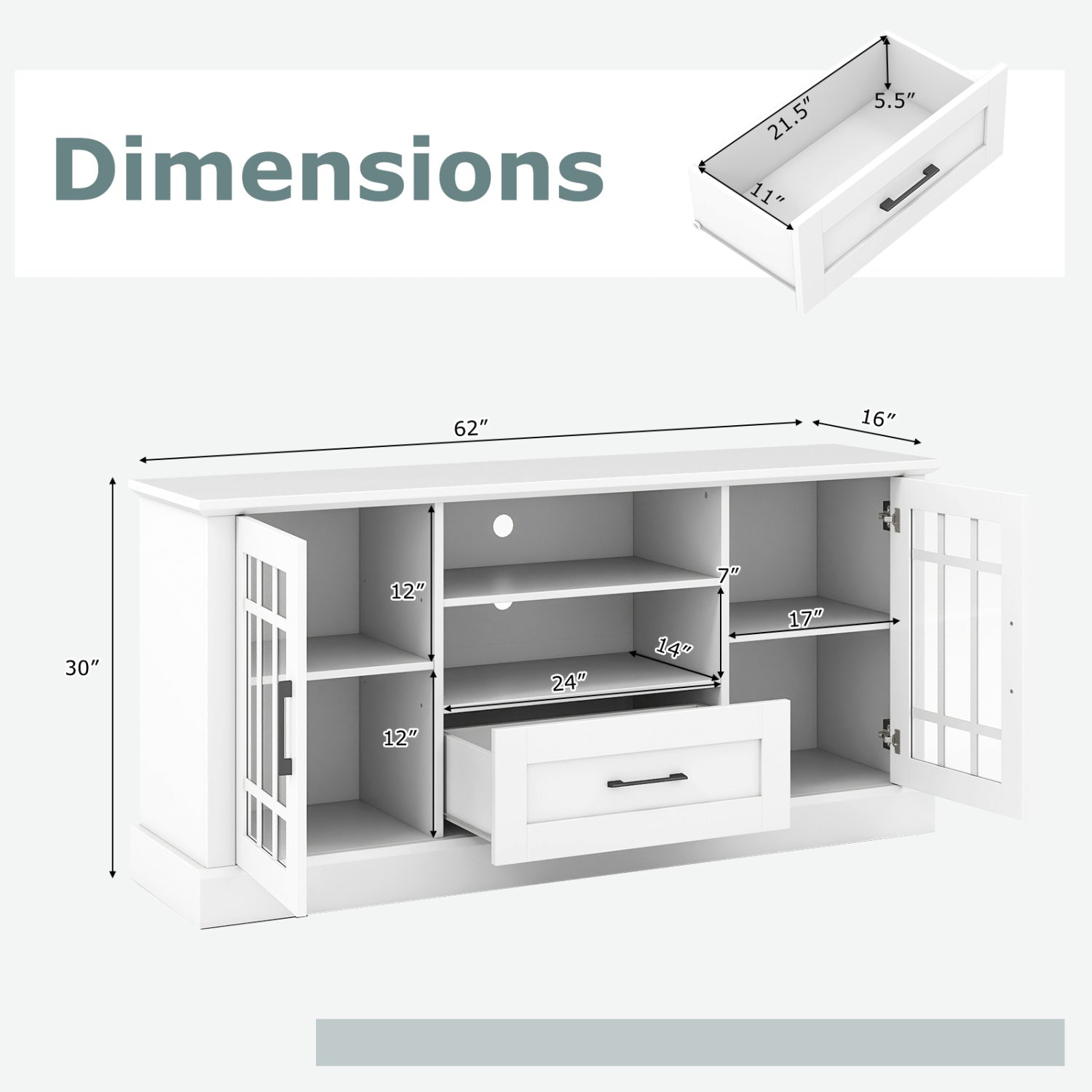 TV Stand For 70 Inch TVs, Glass Doors, Cubbies, Drawer, White Entertainment Centers & TV Stands at Gallery Canada