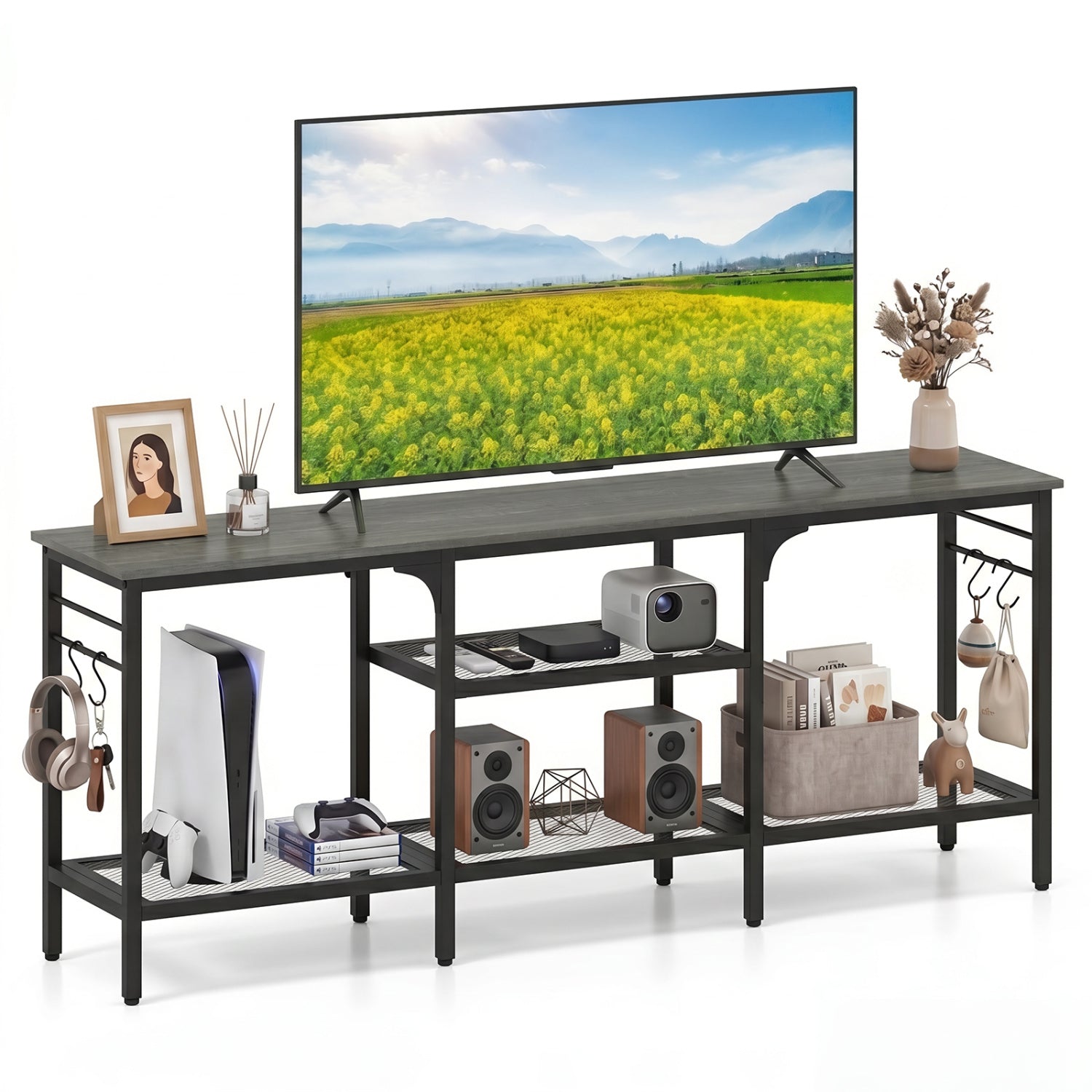 TV Stand for TVs up to 65 Inch with 3-Tier Open Shelves and 4 Hooks-Oak & Black, Oak Entertainment Centers & TV Stands at Gallery Canada