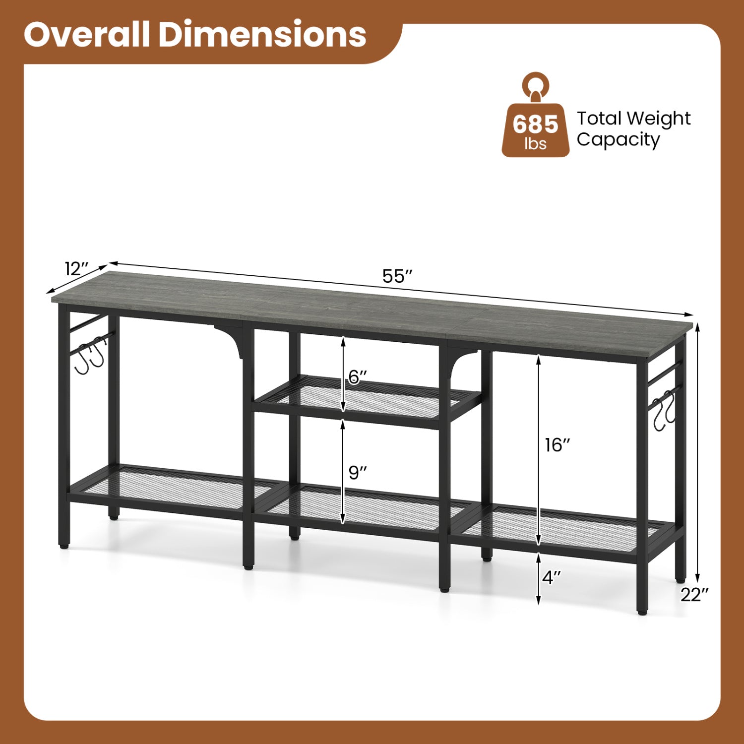 TV Stand for TVs up to 65 Inch with 3-Tier Open Shelves and 4 Hooks-Oak & Black, Oak Entertainment Centers & TV Stands at Gallery Canada