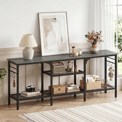 TV Stand for TVs up to 65 Inch with 3-Tier Open Shelves and 4 Hooks-Oak & Black, Oak Entertainment Centers & TV Stands at Gallery Canada