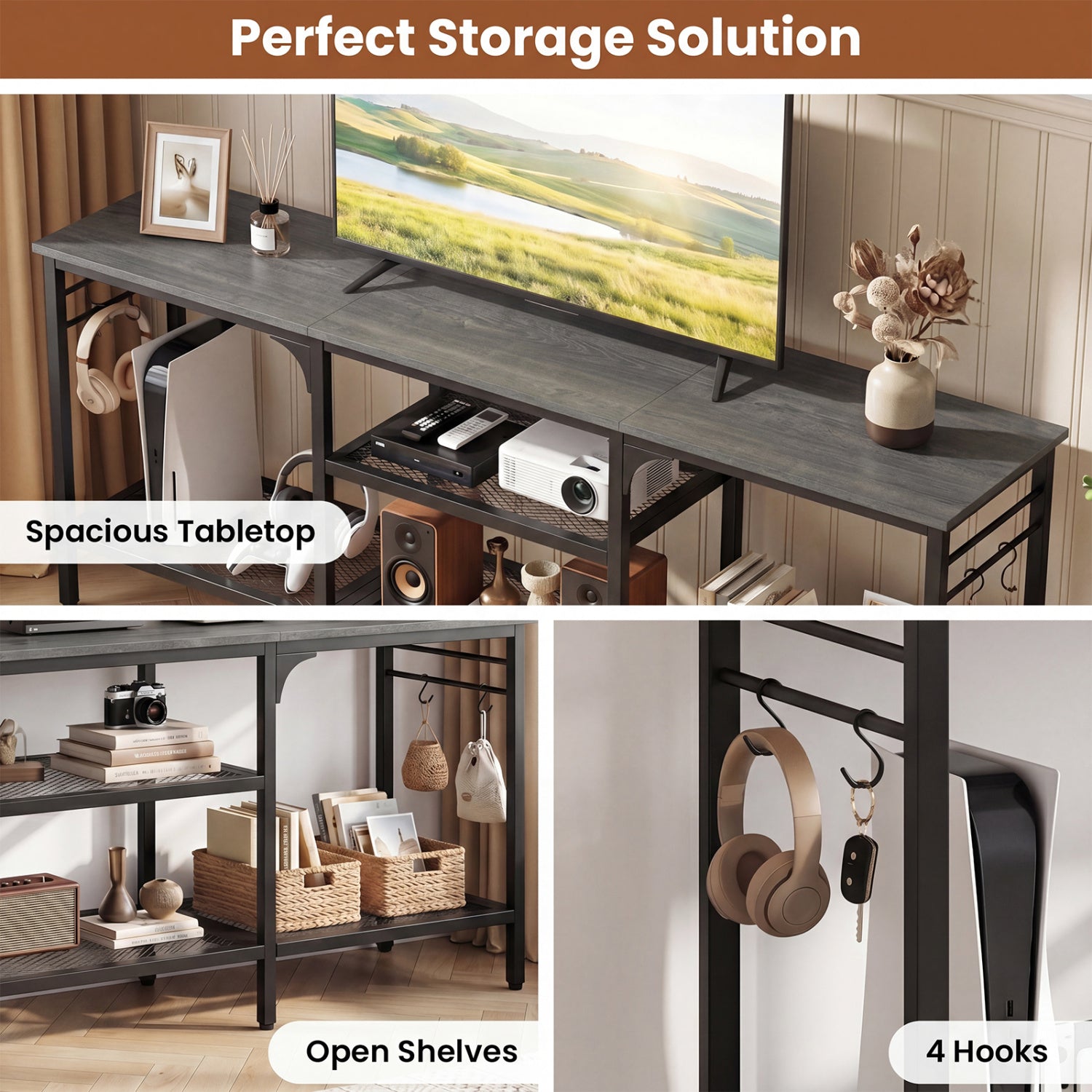 TV Stand for TVs up to 65 Inch with 3-Tier Open Shelves and 4 Hooks-Oak & Black, Oak Entertainment Centers & TV Stands at Gallery Canada